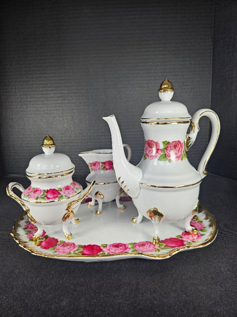 Vintage Pink Cabbage Rose 6 Piece Tea Set-Pot Creamer Sugar Tray With Gilding